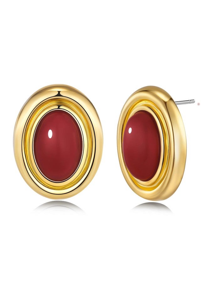 Sngia 18K Gold Plated Red Burgundy Maroon Created Resin Carnelian Oval Button Chunky Statement Earrings for Women, Bold Handmade Exaggerated Dome Retro Rounded Button Trendy Bohemian Gemstone Stud Jewelry Gifts, Unique Vintage Baroque Stone Summer Beach Fashion Accessories, Round Thick Circular Nickle Free Huggies Earring. (18K Gold Plated, Maroon) - Image 1